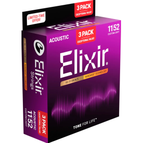 Elixir Nanoweb Acoustic Bronze 16564 3 Pack Custom Light 11-52